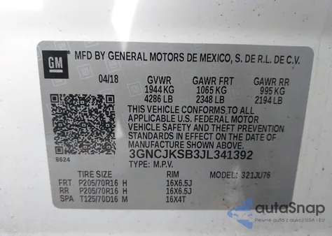 2018 Chevrolet Trax Ls z USA, uszkodzony, nr VIN 3GNCJKSB3JL341392